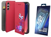Etui i futerały do telefonów - ETUI Z KLAPKĄ CZERWONY DO SAMSUNG GALAXY A14 MOTYL + SZKŁO - miniaturka - grafika 1