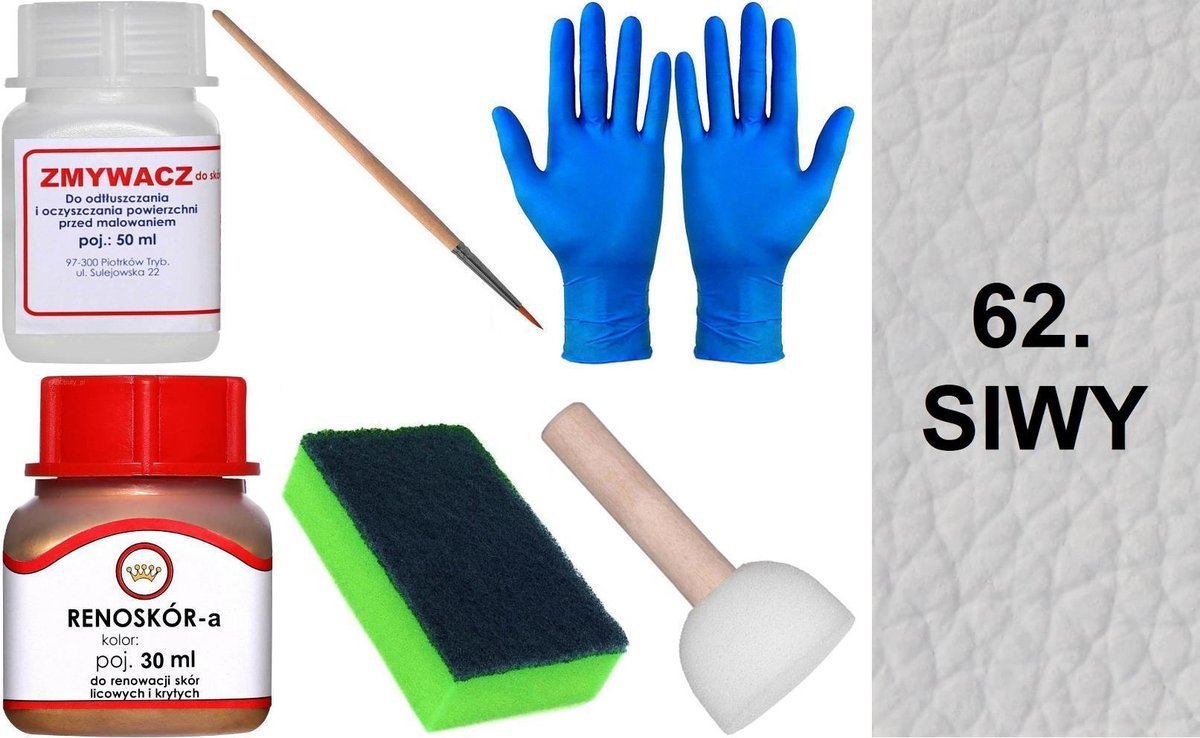 SIWY 62 Renoskór ZESTAW DO RENOWACJI SKÓRY LICOWEJ Farba + Zmywacz Pędzelek