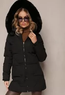 Kurtki damskie - Czarna Pikowana Kurtka z Kapturem i Ozdobnym Futerkiem Zepiola - miniaturka - grafika 1