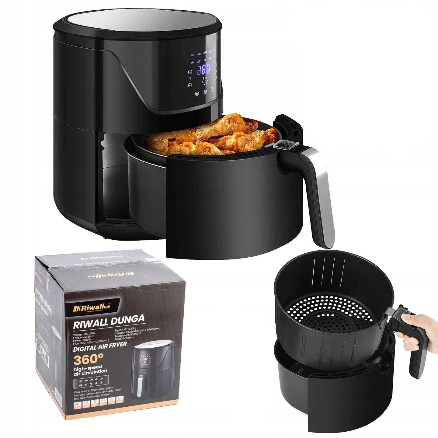 Frytkownica Beztłuszczowa Riwall Frytownica Air Fryer 7L Duża XXL Rodzinna