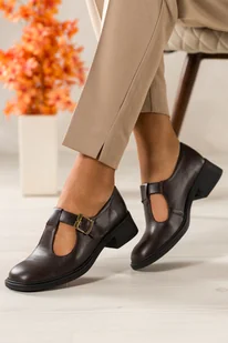 Czekoladowe półbuty skórzane damskie z wycięciami PRODUKT POLSKI Casu 414 - Półbuty damskie - miniaturka - grafika 1