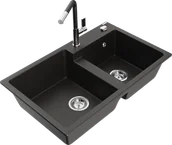 Zlewozmywaki z baterią - Mexen Tomas zlewozmywak granitowy 2-komorowy z baterią kuchenną Flora, czarny/złoty metalik - 6516-75-670401-07 - miniaturka - grafika 1