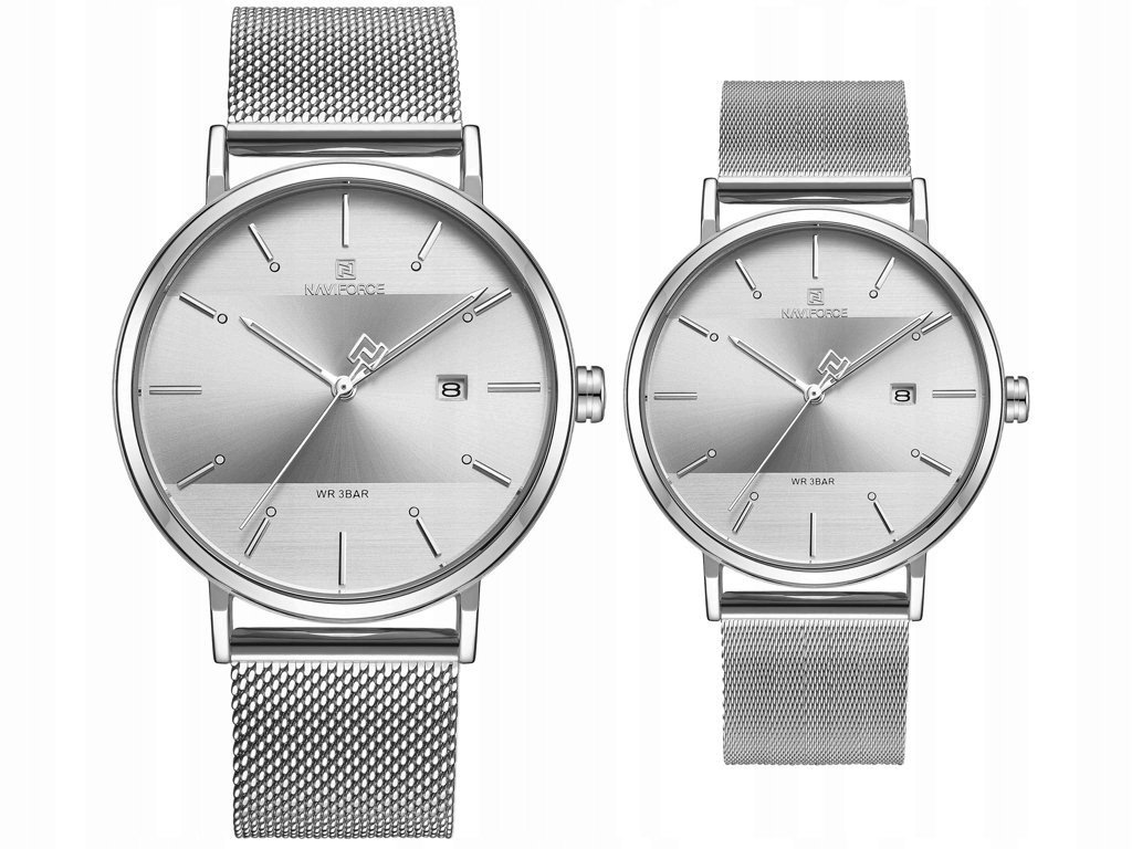 KOMPLET PREZENTOWY 2 ZEGARKÓW (MĘSKI I DAMSKI) NAVIFORCE Srebrna bransoleta