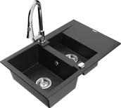 Zlewozmywaki z baterią - Mexen Gaspar zlewozmywak granitowy 1,5-komorowy z ociekaczem i baterią kuchenną Elia, czarny/srebrny metalik - 6507-73-670101-00 - miniaturka - grafika 1