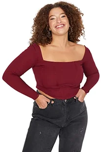 Trendyol Damska bluzka plus size dopasowana podstawowa kwadratowa kołnierz dzianinowa bluzka plus size, bordowa, 5XL, Burgund, 5XL (Duże Rozmiary) - Bluzki damskie - miniaturka - grafika 1