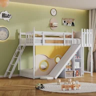 Łóżka dla dzieci i młodzieży - Łóżko piętrowe Flieks 90x200 cm ze stelażem z listew, łóżko dziecięce ze zjeżdżalnią i zabezpieczeniem przed wypadnięciem, łóżko na poddaszu z drabinką i półką, łóżko piętrowe z litego drewna z zasłoną, białe - miniaturka - grafika 1