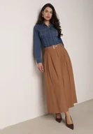 Spódnice - Brązowa Wiskozowa Spódnica o Rozkloszowanym Kroju z Rozcięciem i Paskiem Jaelia - miniaturka - grafika 1