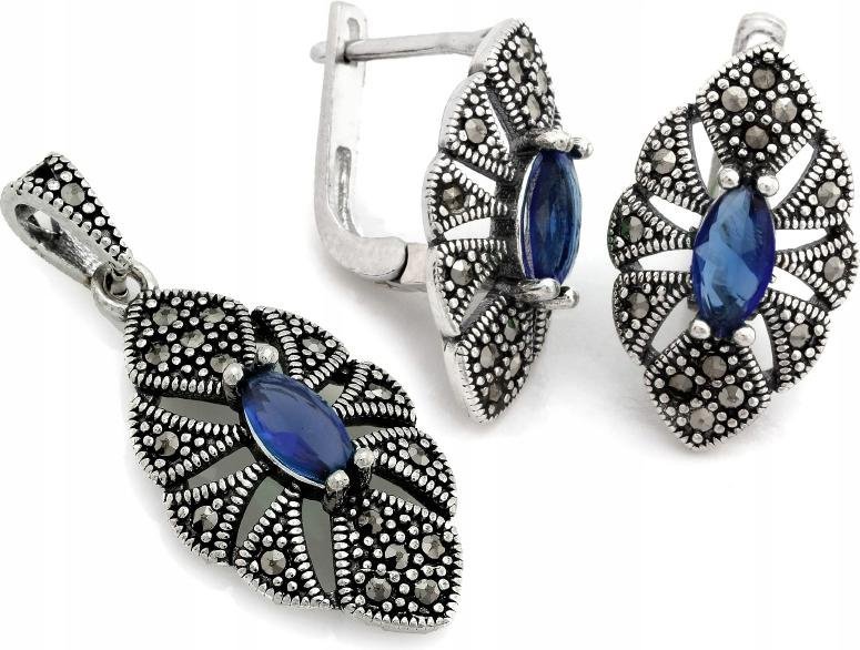 Elegancki srebrny komplet 925 kolczyki i zawieszka w stylu vintage prezent