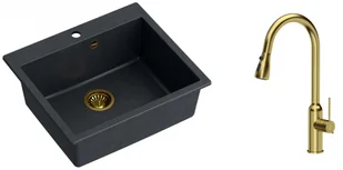 Quadron Zlewozmywak granitowy jednokomorowy 57*50*22 cm MORGAN 110 BLACK DIAMOND ze złotym odpływem z baterią JESSICA Q LINE z wyciąganą wylewką i funkcją prysznica kolor złoty - Zlewozmywaki z baterią - miniaturka - grafika 1