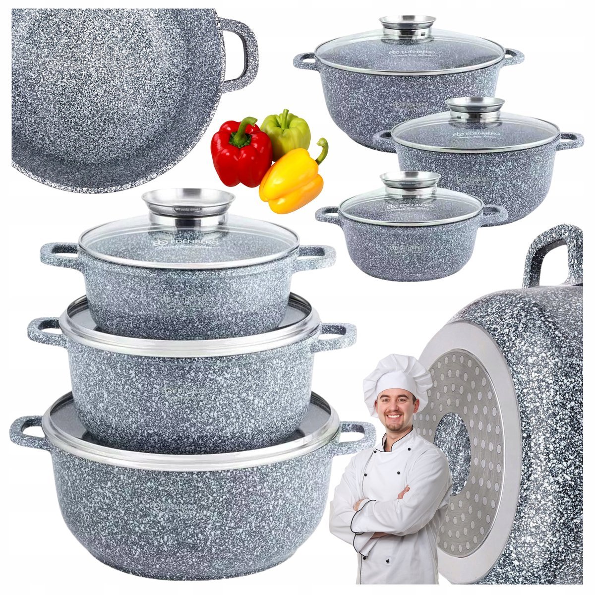 KOMPLET GARNKÓW MARMUROWYCH 6el SOLIDNE Garnki NON-STICK Pokrywa AROMA KNOB