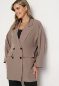 Marynarki i żakiety damskie - Beżowa Marynarka Oversize Dwurzędowa z Imitacją Kieszeni Tinnielle - miniaturka - grafika 1