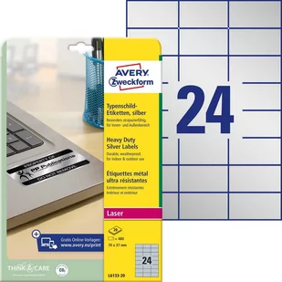 Avery Zweckform Etykiety znamionowe srebrne Zweckform; A4, 20 ark./op., 70 x 37 mm, poliestrowe L6133-20 - Etykiety do drukarek - miniaturka - grafika 1