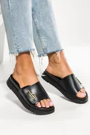 Klapki i japonki damskie - Czarne klapki skórzane damskie złota ozdoba bieżnikowana platforma PRODUKT POLSKI Casu 50101-36 - miniaturka - grafika 1