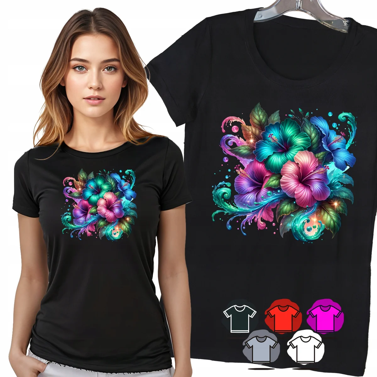 KOSZULKA DAMSKA T-SHIRT - KWIATY EGZOTYCZNE TURKUS RÓŻ DAMSKI WZÓR - XL