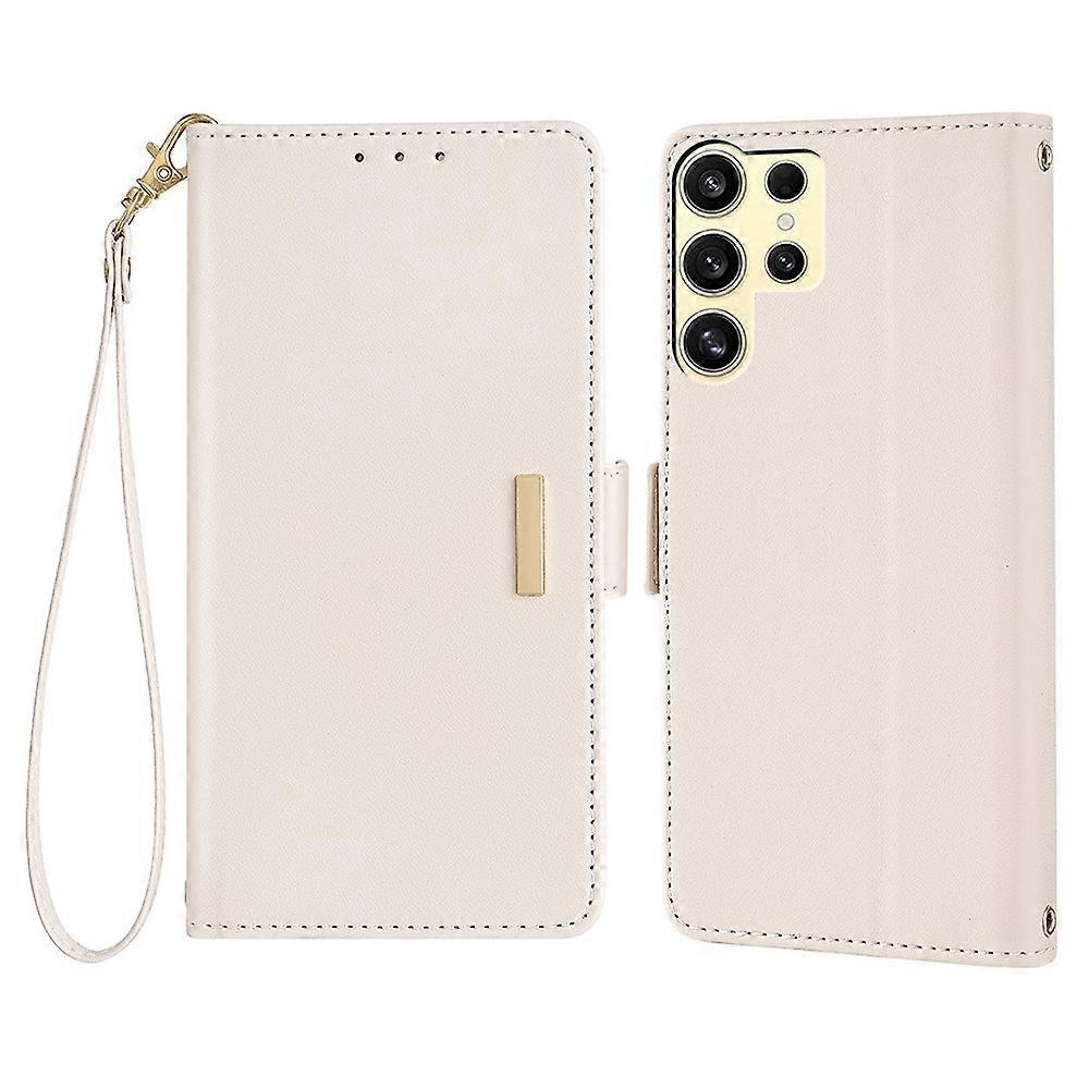 Do Samsung Galaxy S23 Ultra Skórzane Etui Portfel Blokowanie RFID Podstawka Osłona z Paskiem na Rękę - Biały Wielobarwny White