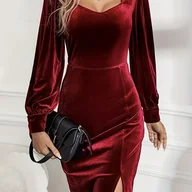 Sukienki - TEMU Elegancka Sukienka Midi w Stylu Bliskowschodnim - Jednokolorowa, Skośny , Kwadratowy Dekolt, Długi Rękaw, Rozcięcie na Dołu - Idealna na Śluby, - miniaturka - grafika 1