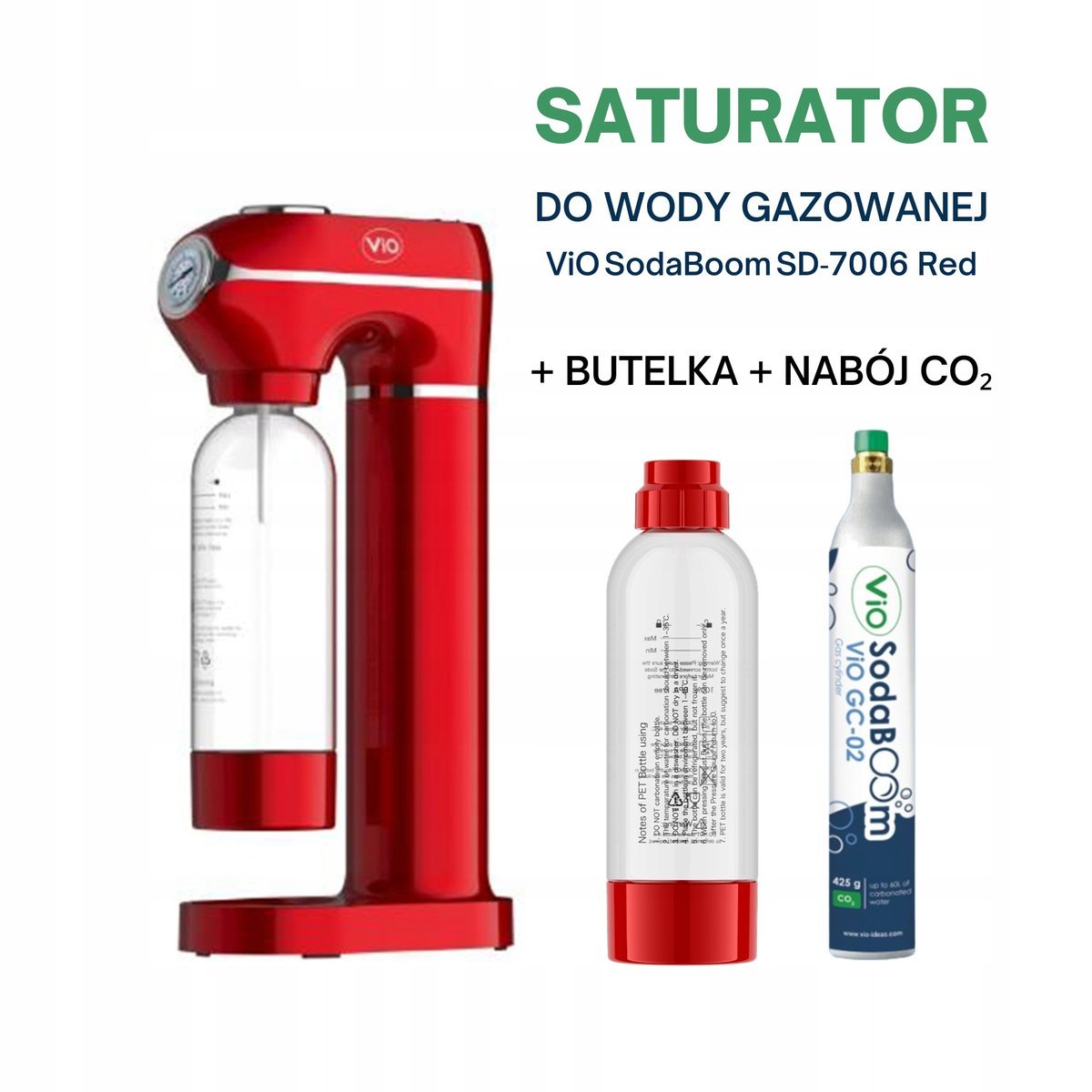 Saturator ViO SodaBoom SD-7006 Red + 2 Butelki 1 l + Nabój CO2 - zestaw