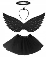 Dodatki do strojów karnawałowych - STRÓJ KOSTIUM CZARNY UPADŁY ANIOŁ SKRZYDŁA CZARNA SPÓDNICZKA OPASKA AUREOLA - miniaturka - grafika 1