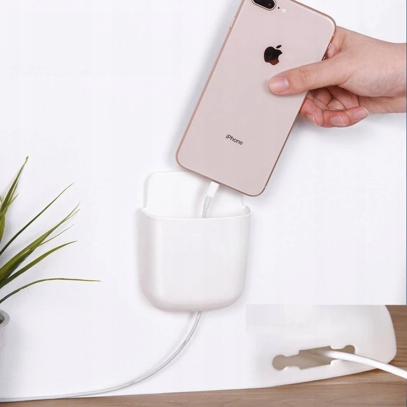 Uchwyt ścienny na telefon z wejściem na kabel Samoprzylepny Biały