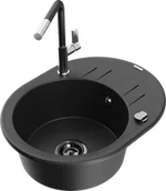 Zlewozmywaki z baterią - Mexen Kevin zlewozmywak granitowy 1-komorowy z ociekaczem i baterią kuchenną Flora, czarny/srebrny metalik - 6517-73-670401-07-B - miniaturka - grafika 1