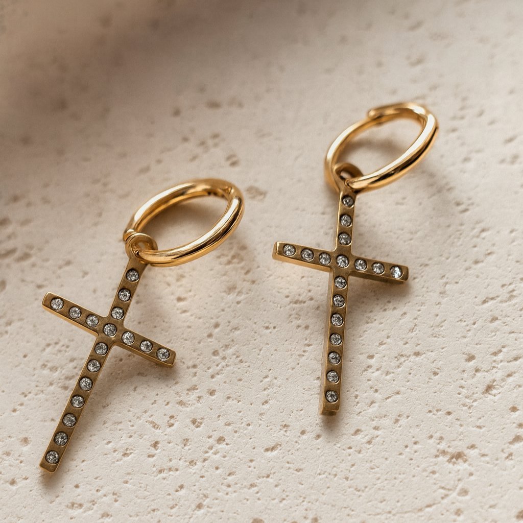 Złote Kolczyki Wiszące Krzyżyki z Cyrkoniami Stal Chirurgiczna Koła 4cm