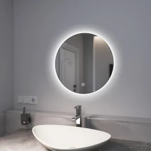 EMKE Lustro łazienkowe LED okrągłe o średnicy 50 cm Lustro łazienkowe LED z oświetleniem zimna biel podświetlane lustro ścienne z włącznikiem dotykowym IP44 energooszczędne (czarny design) - Lustra - miniaturka - grafika 1