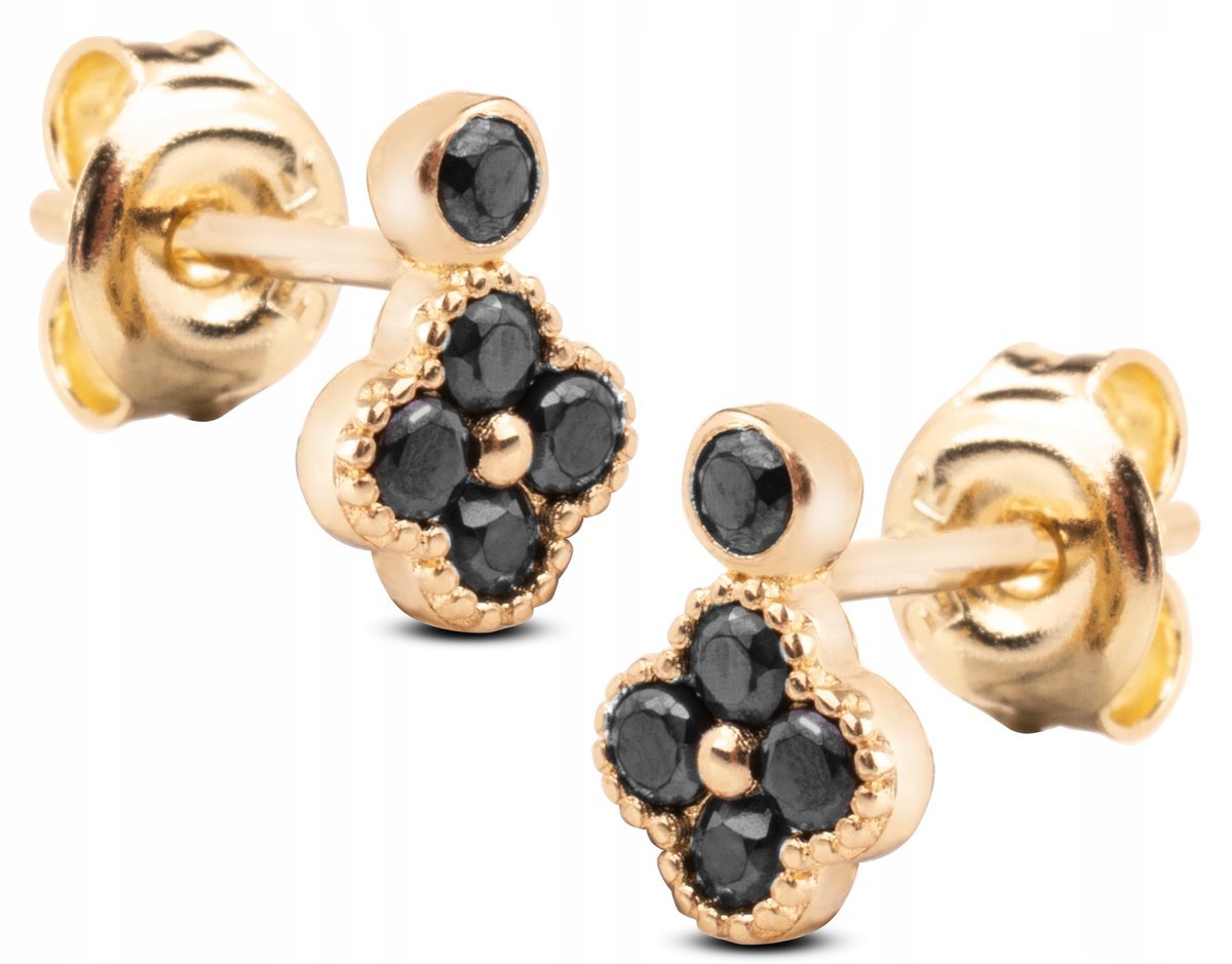 DAMSKIE ZŁOTE KOLCZYKI NA SZTYFT KONICZYNKI Z CZARNYMI KAMIENIAMI 14KT 585