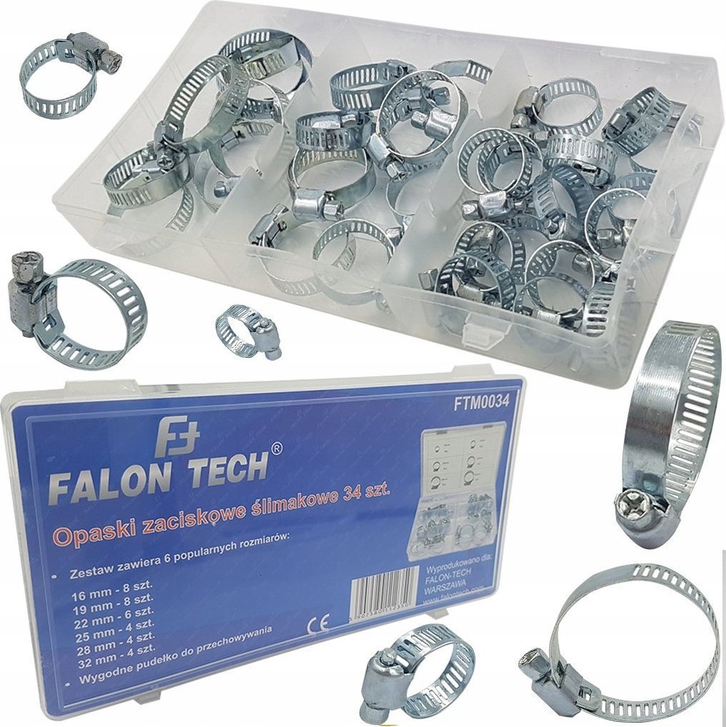 Falon-Tech OPASKI ZACISKOWE ŚLIMAKOWE OBEJMY 34 SZT. 13-38 MM