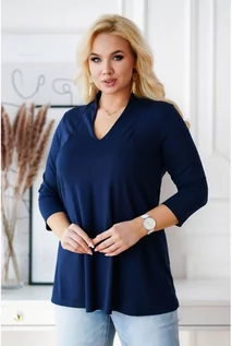 Bluzki damskie - Granatowa tunika plus size z dekoltem V i rękawem 3/4 - NOIRA - XL-ka - grafika 1