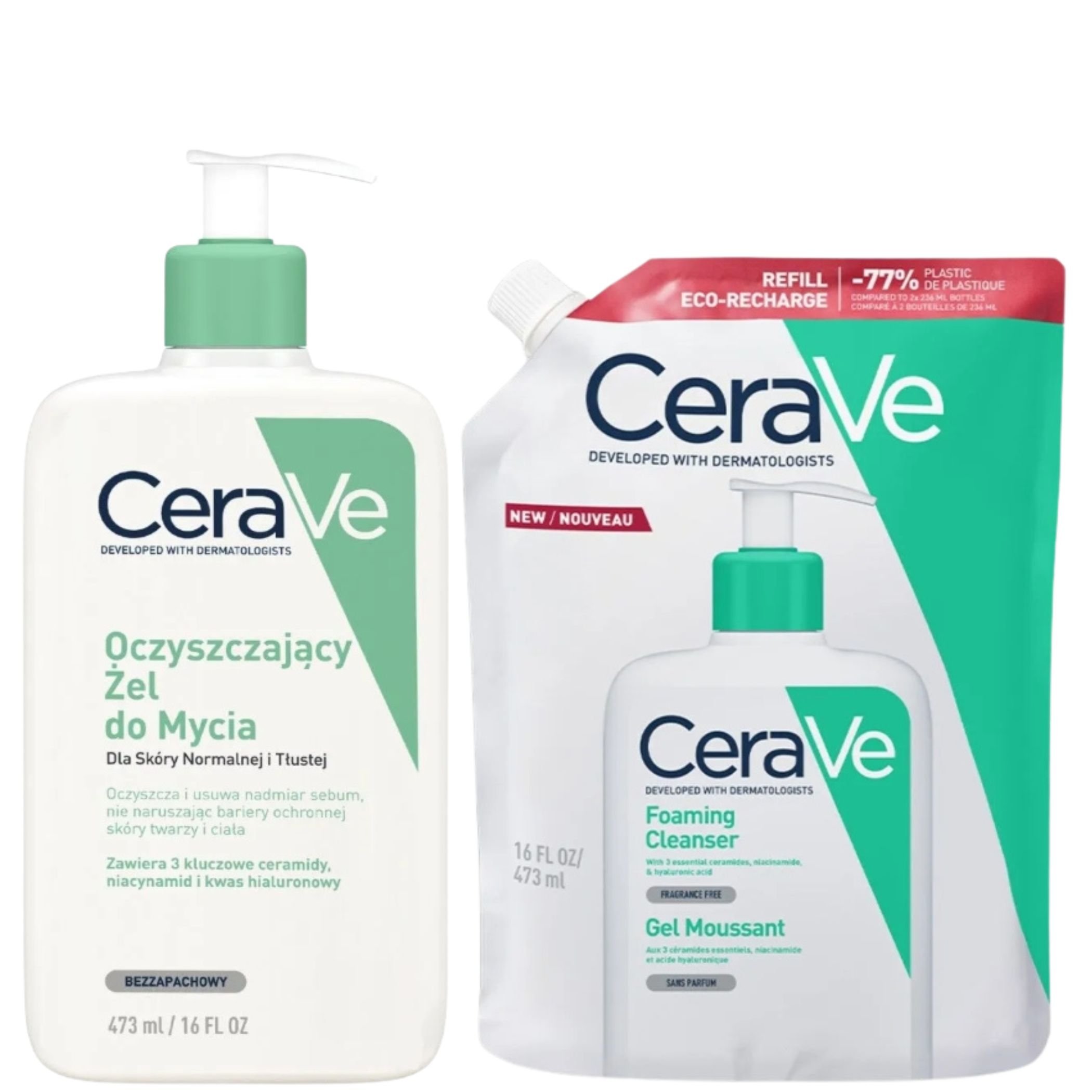 Cerave Zestaw: Żel oczyszczający 473ml + Żel oczyszczający Refill 473ml