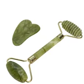 Masażery - MASAŻER KAMIENNY DO TWARZY ROLLER KAMIEŃ JADEITOWY KARBOWANY GUA SHA ZESTAW - miniaturka - grafika 1