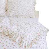 Pościel - Pościel Muślinowa Z Falbanką Komplet Zestaw 200X200 Cm Czerwone Kwiatki + 2 Poduszki 70X80 Cm - miniaturka - grafika 1