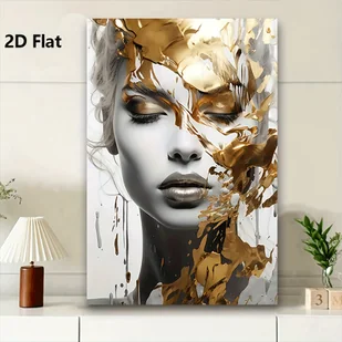 TEMU 1 szt. Nieoprawiony Nowoczesny Abstrakcyjny Obraz Ścienny - Żywa Kobieta w Stylu Pop-Art z Złotymi Akcentami, Czarno-Biały Portret, Odważny - Inne - miniaturka - grafika 1