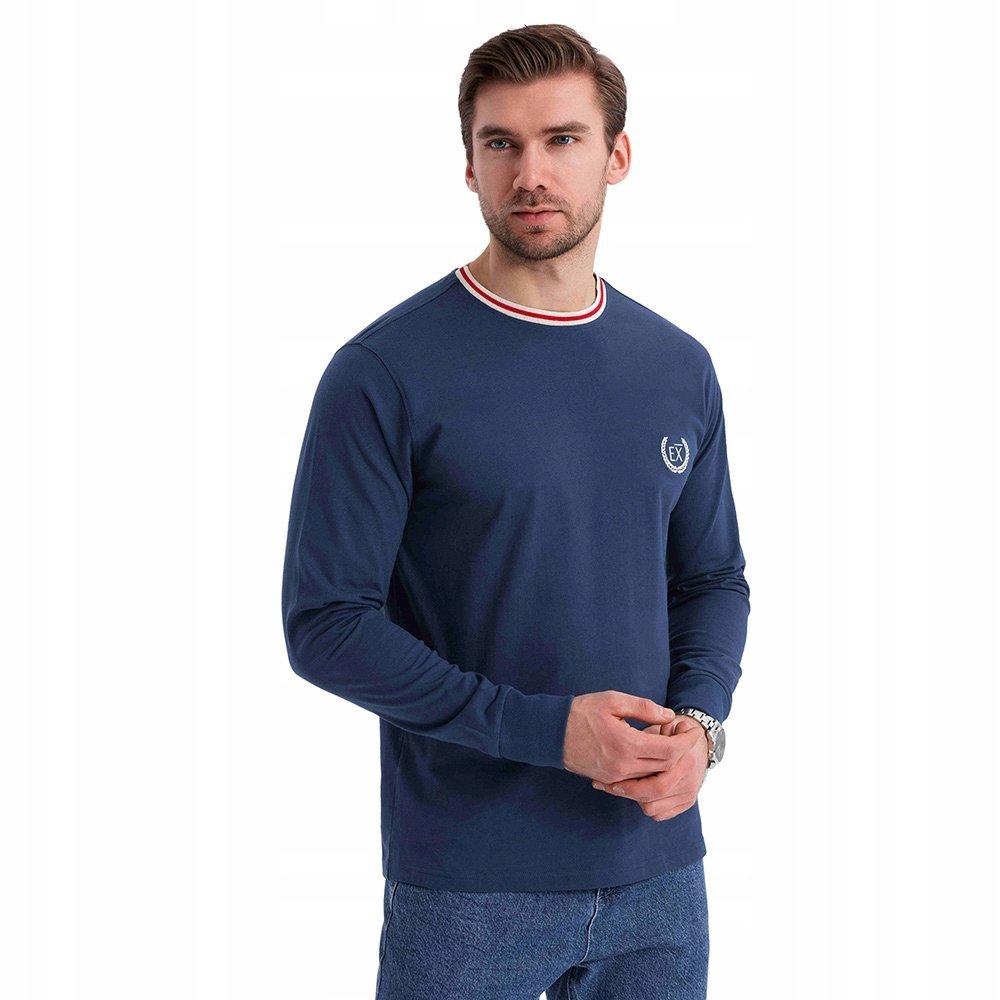 Męski bawełniany longsleeve haft ciemnoniebieski Ombre OM-LSCL-0128 V3 S