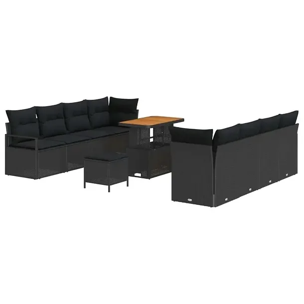 Zestaw sofy ogrodowej, 11 elementów, polirattan, czarny, 70 cm głębokoś