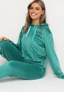 Jasnozielony Komplet Dresowy z Bawełną Bluza z Kapturem i Kieszenią Spodnie z Gumką w Talii Quesaria - Spodnie sportowe damskie - miniaturka - grafika 1
