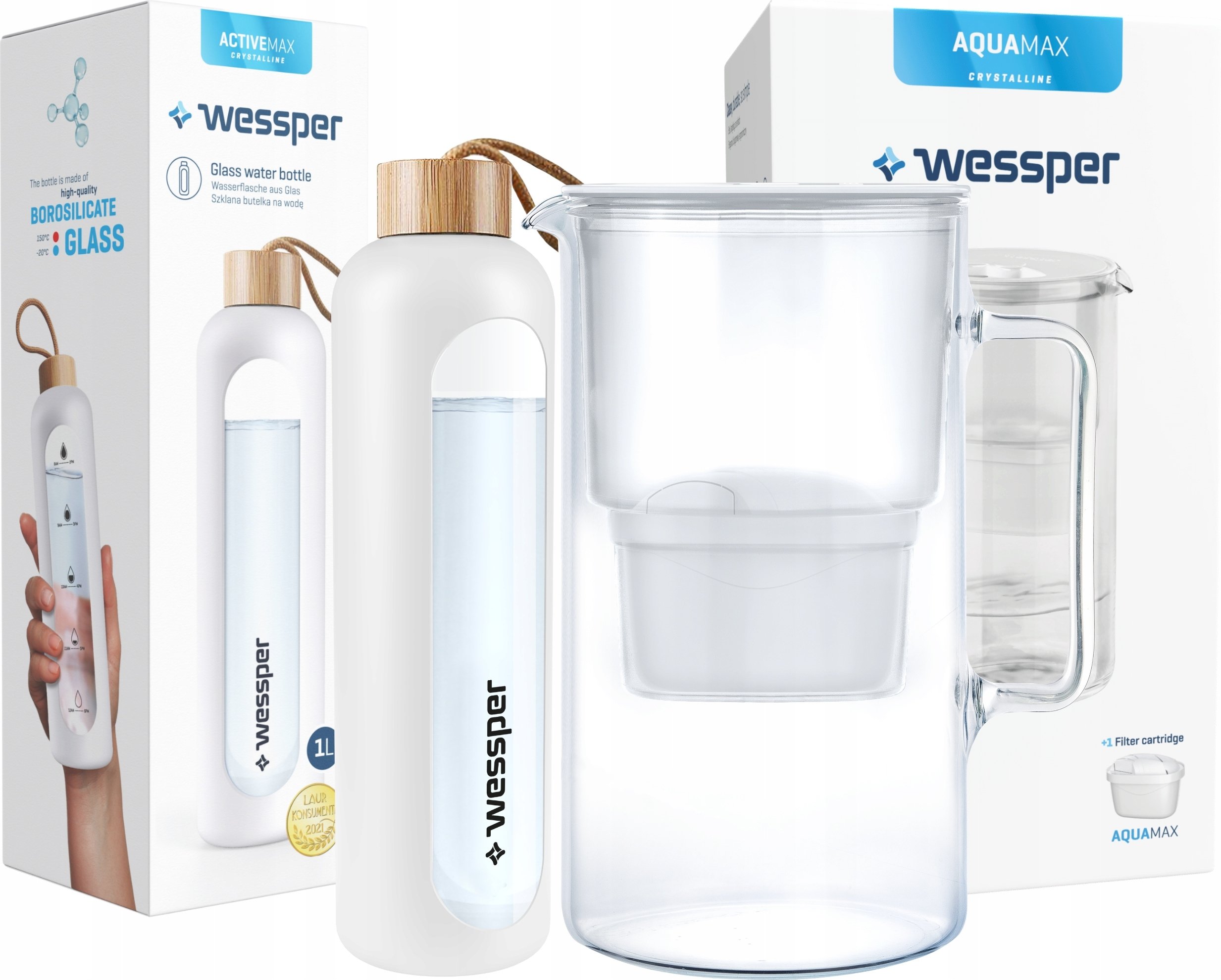 Zestaw Wessper: szklany dzbanek AquaMax Crystalline 3L z filtrem + szklana butelka motywacyjna ActiveMax Crystalline 1L z silikonowym rękawem biały