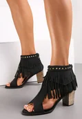 Sandały damskie - Czarne Sandały za Kostkę z Frędzlami i Ćwiekami Inayat - miniaturka - grafika 1