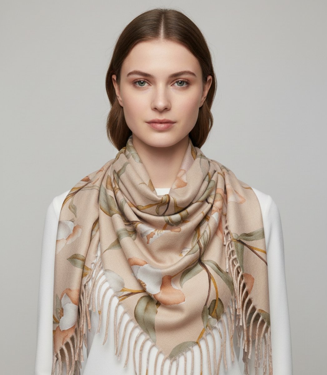 Elegancka kwiatowa chusta szal szalik z frędzlami