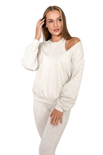 Komplet 3-częściowy bluza + top + legginsy beżowy melanż