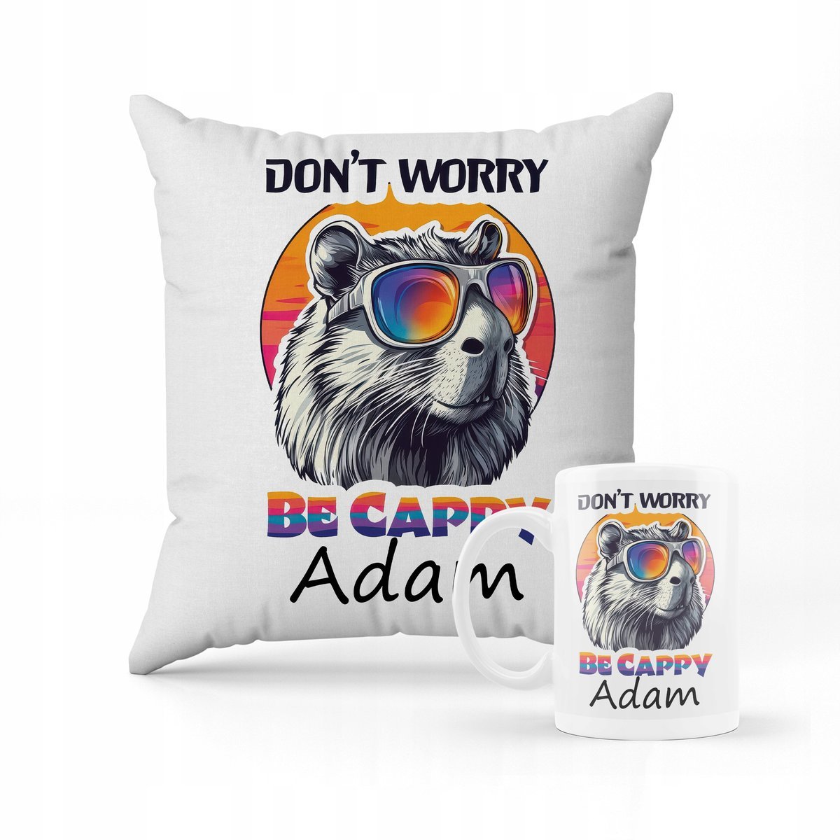 ZESTAW PODUSZKA + KUBEK KAPIBARA DONT WORRY BE CAPY CAPYBARA + IMIĘ #17