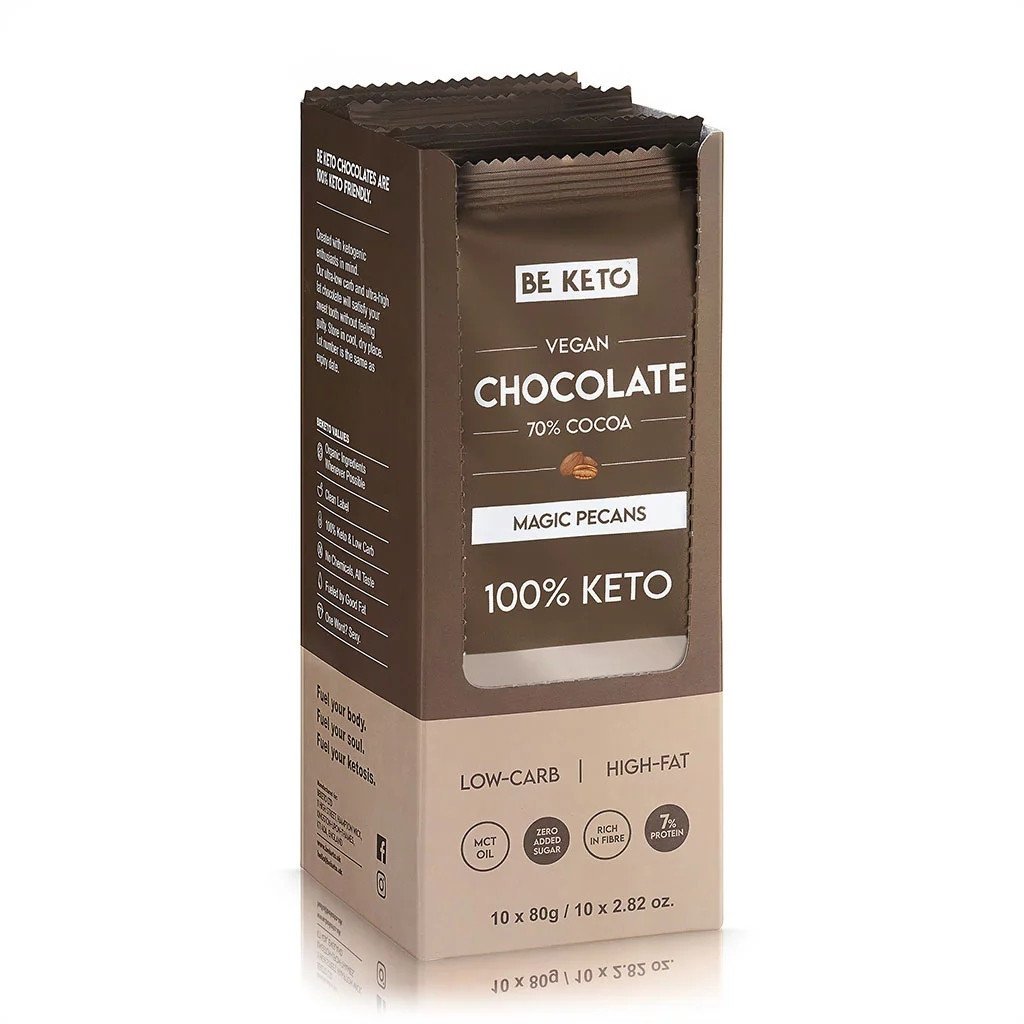 BeKeto Wegańska Keto Czekolada z olejem MCT orzech pekan 80g x10