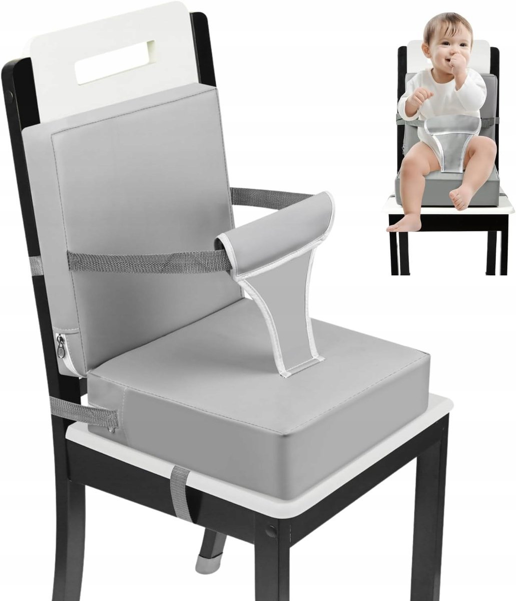 FOTELIK PODWYŻSZAJĄCY DLA DZIECI PODUSZKA OPARCIE NA KRZESŁO Z PASEM SZARE