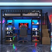 Łóżka dla dzieci i młodzieży - Łóżko na antresoli 90x200 cm - Zintegrowana drabina z pojemnikami - Wbudowane biurko - Listwa LED + port USB - Czarny - miniaturka - grafika 1