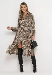 Brązowa Koszulowa Sukienka Midi w Panterkę Chaitra - Sukienki - miniaturka - grafika 1