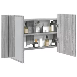 vidaXL Szafka łazienkowa z lustrem i LED, szary dąb 80x12x45 cm, akryl - Szafki łazienkowe - miniaturka - grafika 1