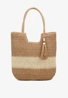 Torebki damskie - Ciemnobeżowa Torebka na Ramię Ozdobiona Frędzlem i Plecionką Rinaluna - miniaturka - grafika 1