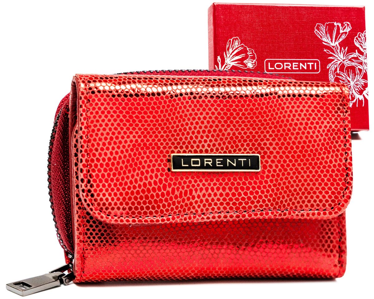 Mały błyszczący portfel damski portmonetka ze skóry naturalnej z ochroną kart RFID Lorenti, czerwony