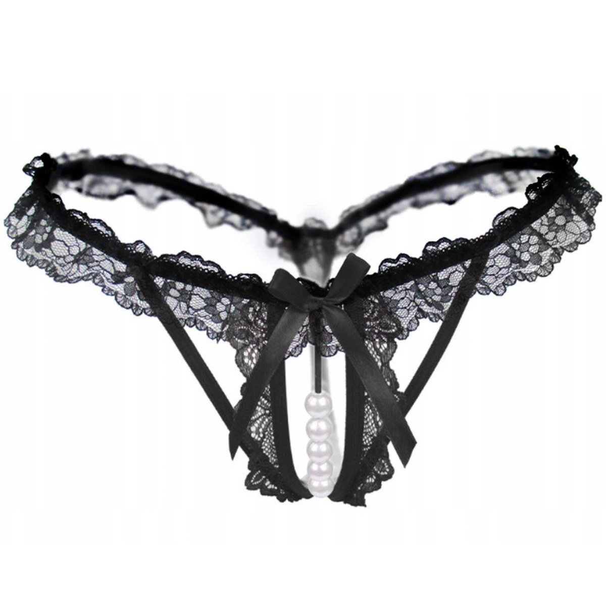 Stringi damskie koronkowe czarne z perełkami