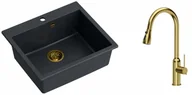 Zlewozmywaki z baterią - Quadron Zlewozmywak granitowy jednokomorowy 57*50*22 cm MORGAN 110 BLACK DIAMOND ze złotym odpływem z baterią JESSICA Q LINE z wyciąganą wylewką i funkcją prysznica kolor złoty - miniaturka - grafika 1